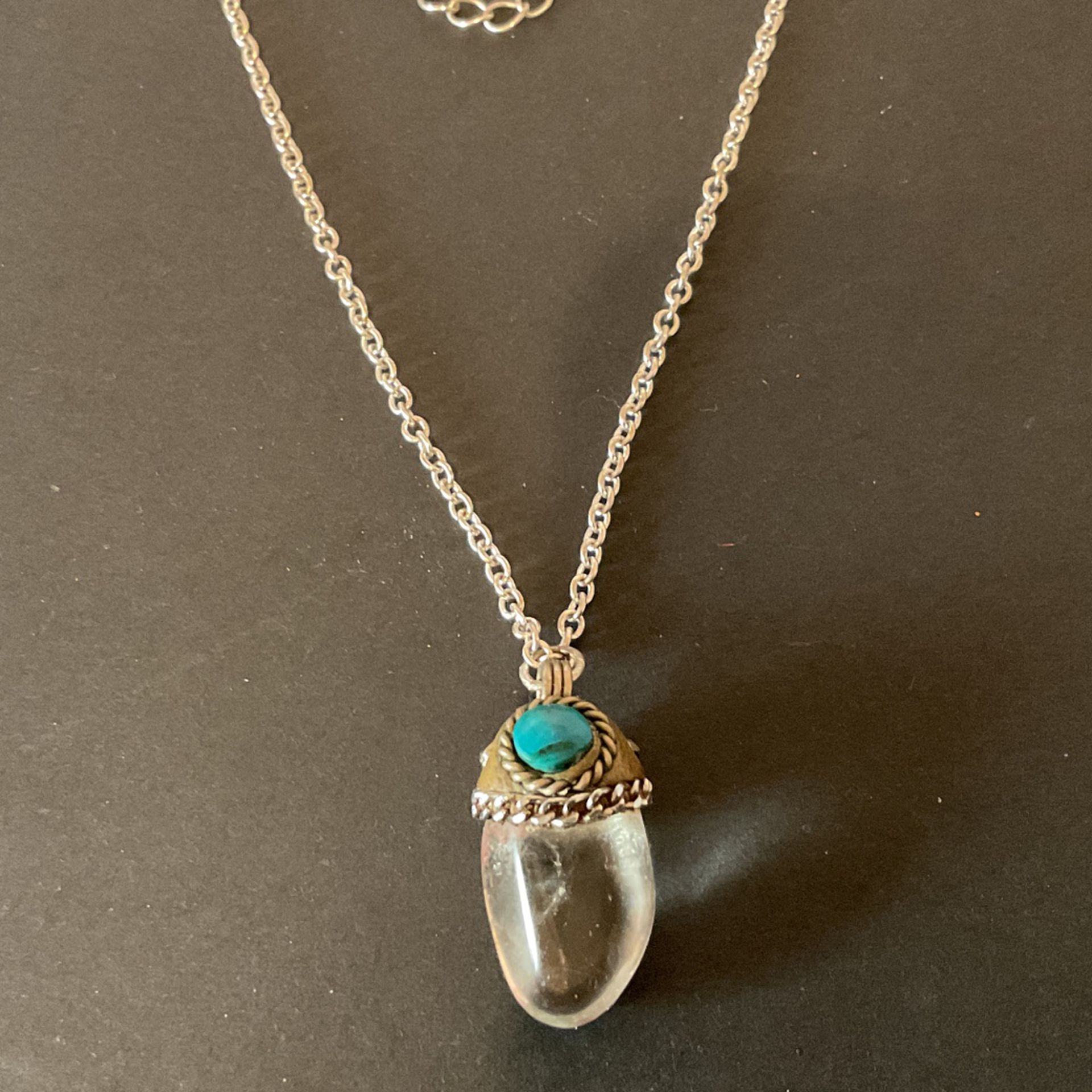 18” Vintage SilverTone Necklace With Genuine Leather,Stainless Steel,Turquoise Stone,and Glass Pendant 