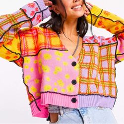 Oversized Cardigan in Patchwork Daisy Check - M