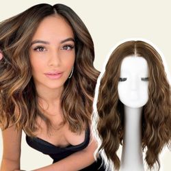 Brown Highlight Short Wavy Wig for Women-Shoulder Length Wave Wig with Pre-Cut Lace Hairline,Middle Part Natural Appearance Synthetic Heat Resistant F