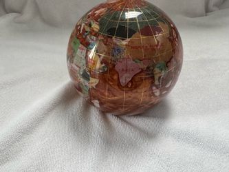 Copper Amber Gemstone World Globe Paperweight, Semiprecious Stone Inlay