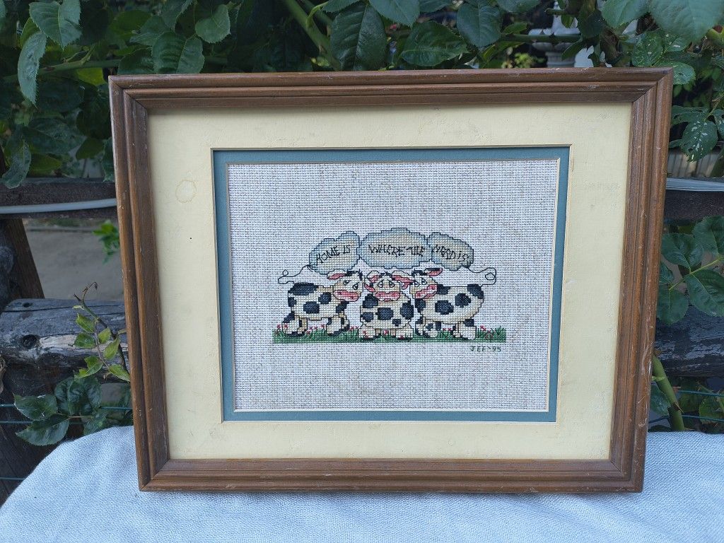 Vintage Framed Cows "Home is where the Heard is" Cross Stitch Art