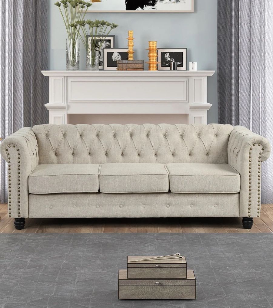 Morden Fort Linen Chesterfield Sofa,Button Tufted Upholstered Couch with Nailhead 