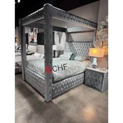 Gray / Black / Beige Queen , King Size Canopy Bed Frame - Mattress Sold Separately 