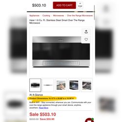 Haier 1.6 Cu.Ft. Stainless Steel Smart Over The Range Microwave brand new retail price $503