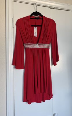 Sky red V- neck dress with diamond waistband sz XS