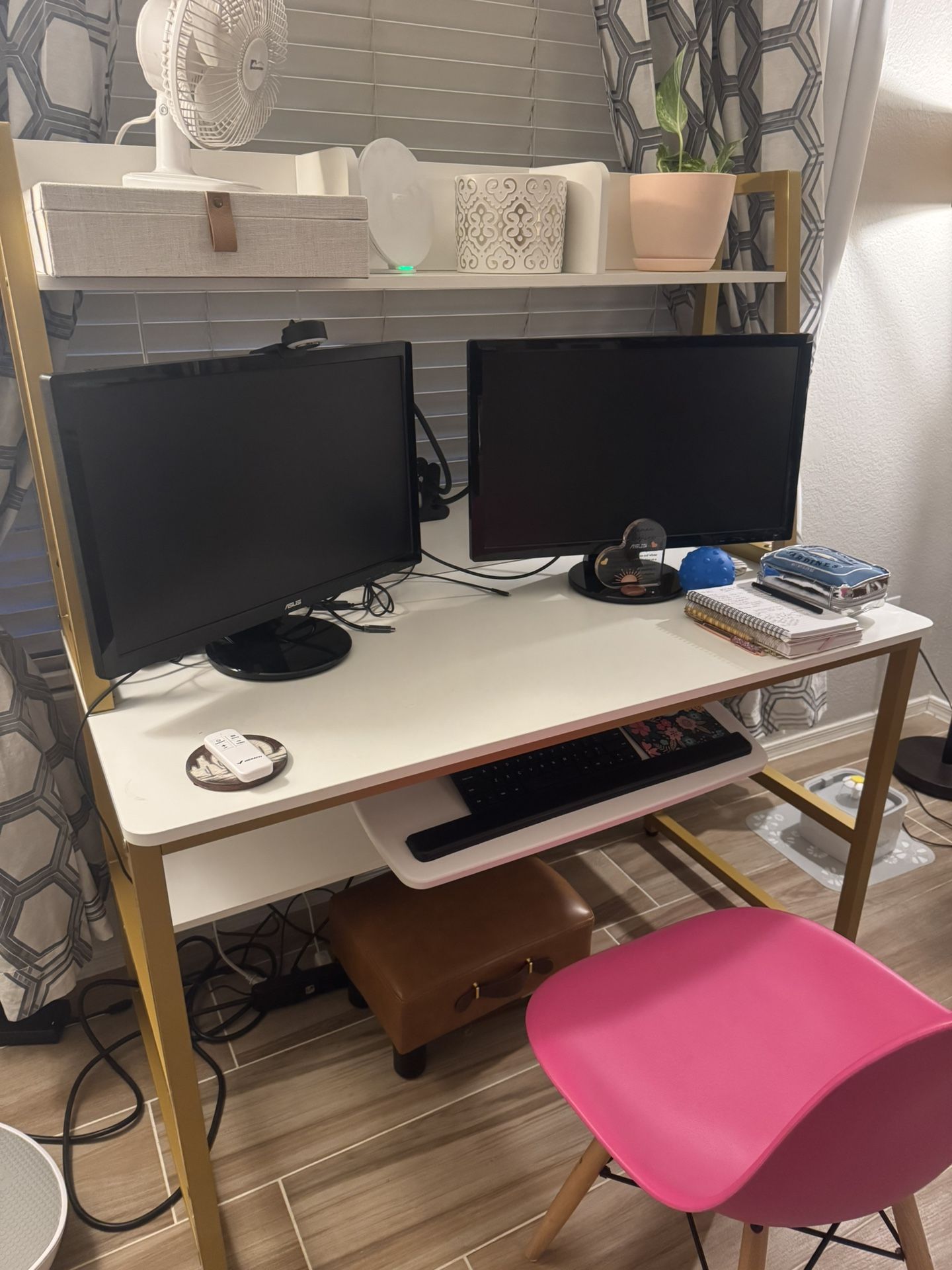White And Gold Two Tiered Desk With Lower Shelf