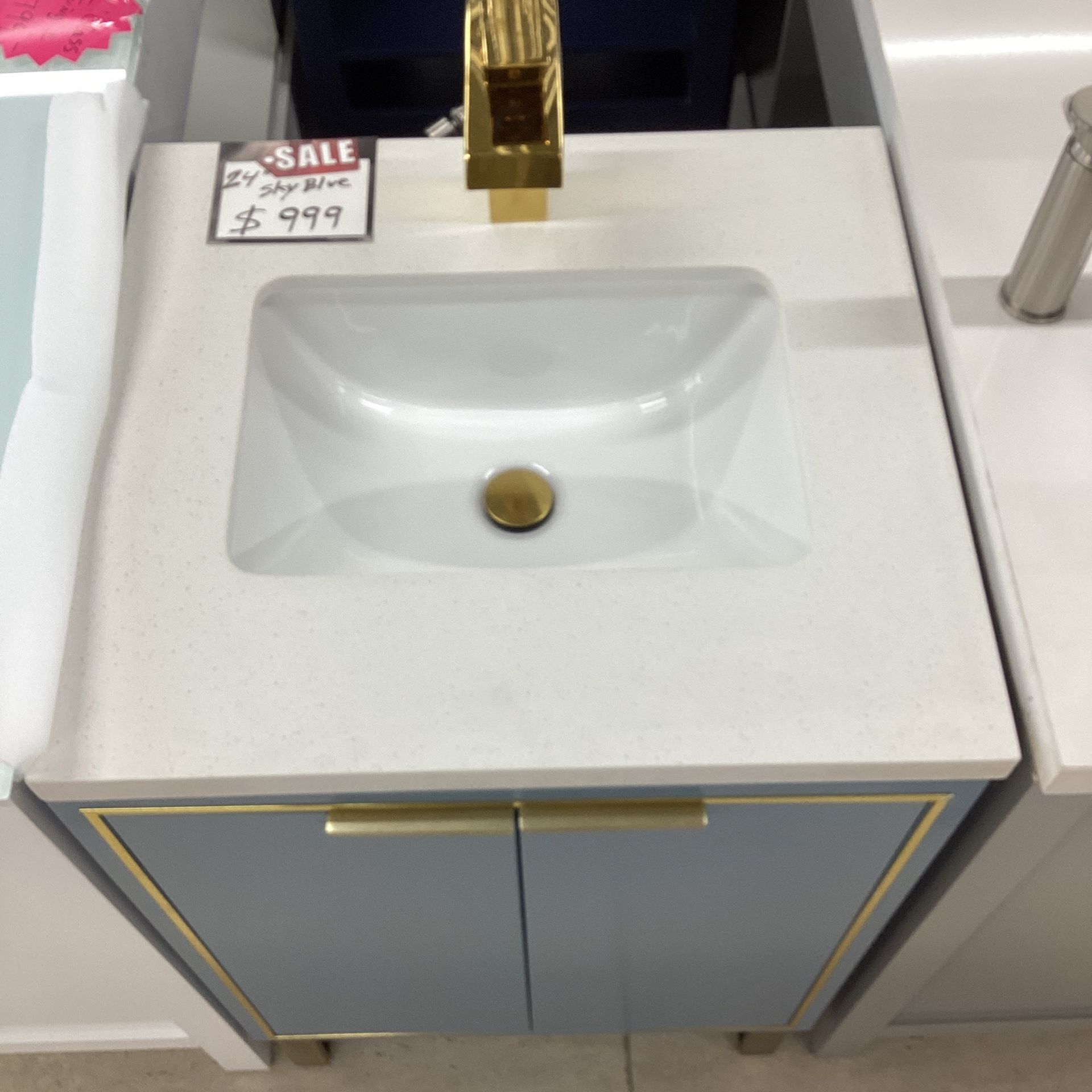 24” Sky Blue Bathroom Vanity Stone Countertop Ceramic Sink Solid Wood Fully Assembled Available Today!!!