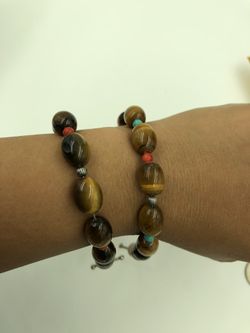 Carolyn Pollack 925 STER Silver Tiger’s Eye, Coral, Turquoise & Silver Beads Bracelet 7.5”