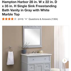 Home Decorators Collection Hampton Harbor 28 in. W x 22 in. D x 35 in. H Single Sink Freestanding Bath Vanity in Gray with White Marble Top