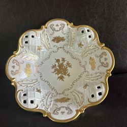 Reichenbach Porcelain-Footed Decorative Bowl-Pierced lattice Design-24K Gold Floral Motifs-1950s