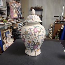 Vintage White Plum Tree Fruit & Floral Ginger Jar Chinoiserie Style Vase W/Lid, Hand-painted In Enamel 14"H W/Lid