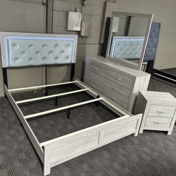 Grey Queen LED Light Bed Set With Dresser