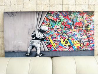 Contemporary Urban Wall Art – Child Pulling Curtain Graffiti Canvas Print