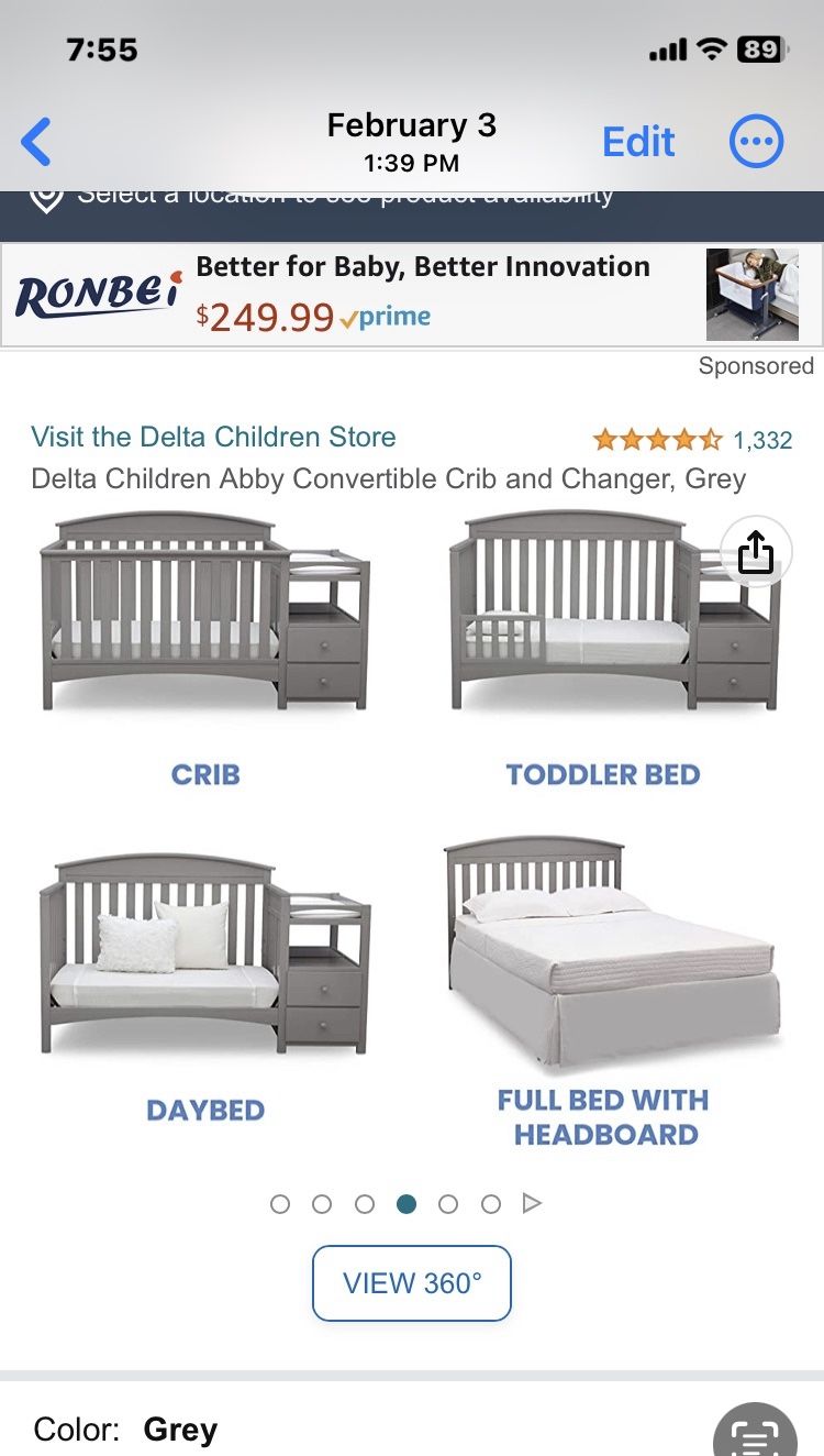 Abby convertible bed and changer, grey