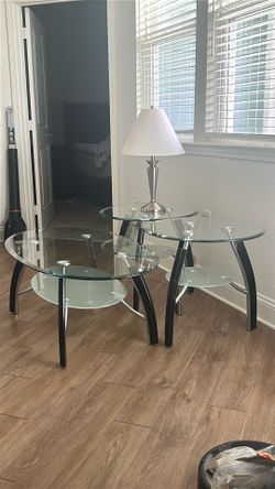 Three piece glass, coffee table, and end table set