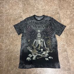 Black & gray skeleton graphic tee with wings and skulls #goth #alternative #y2k