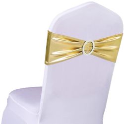 SINSSOWL Pack Of 50 Spandex Bronzing Gold Chair Sashes For Wedding Metal Gold Chair Bows Sashes Bands Fitting Birthday Party Anniversary Bridal Baby S