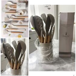 14 Pieces Silicone Kitchen Utensil Set, Wooden Cooking