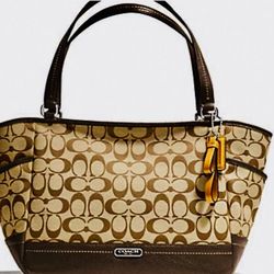 COACH PARK SIGNATURE JACARD CARRIE SILVER/KHAKI/MAHOGANY LEATHER HANDBAG PURSE