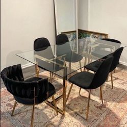Gold Glass Ghost Dining Table For 6 People With Six Velvet Chairs 