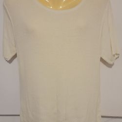 Susan Graver Short Sleeve Thin Sweater Ribbed Creme 1X 