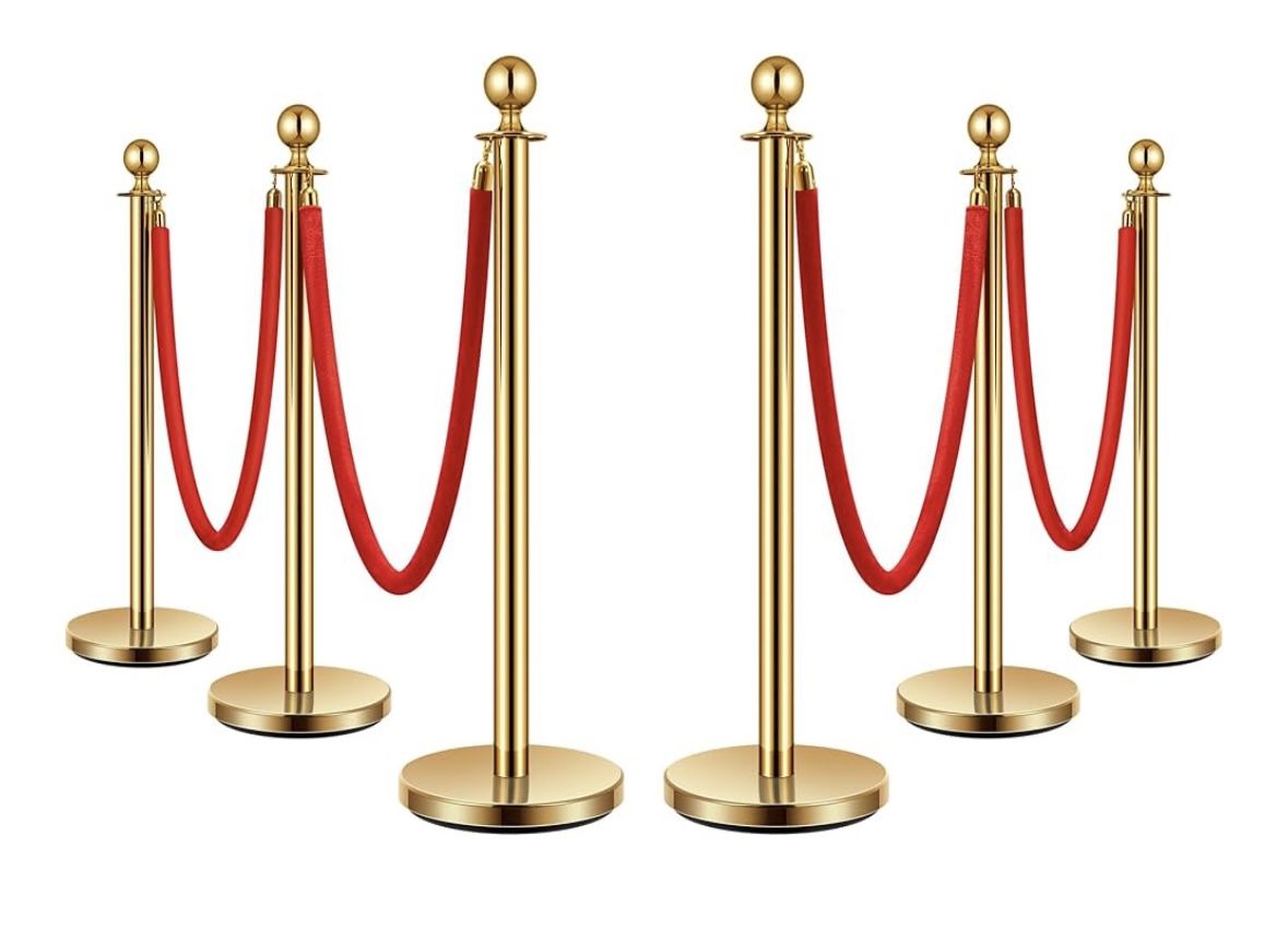 Stainless Steel Stanchion Posts - Gold w/Red Ropes