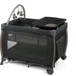 Monbebe Play Yard – Full-Size Rocking Bassinet, Removable Changer & Toy Bar – Castle Point