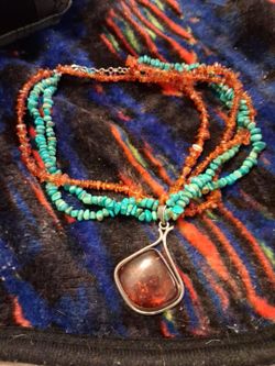 Vintage jay king Turquoise and Amber Beaded Pendant Necklace