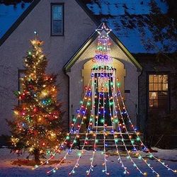 Multicolor 12Ft Christmas Decorations String Lights, 320 LED Tree Lights w 12.6" Topper Iron Star 8 Lighting Modes Indoor Outdoor Decor
