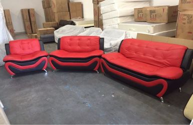 Red leather modern style three piece couch set