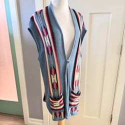 Vintage CHAPS Ralph Lauren Long Aztec Western Sleeveless Cardigan knit Sweater