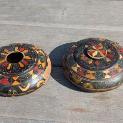 Pair of Hand-Painted Wooden Candle Holders – Kashmiri Style Folk Art Decor

