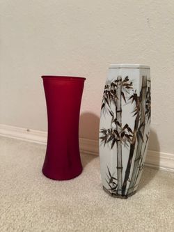 Set of 2 Vases: Red Frosted Glass and Japanese Porcelain Bamboo Vase