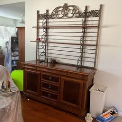 Vintage Solid Wood Buffet with Iron Hutch