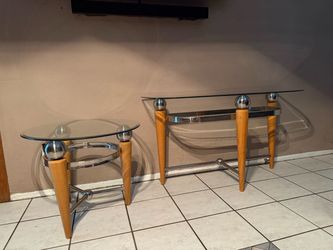 ENTRY TABLE AND END TABLE WITH THICK GLASS IN GREAT CONDITION  (L48” x H27” x W18” and 26” round)