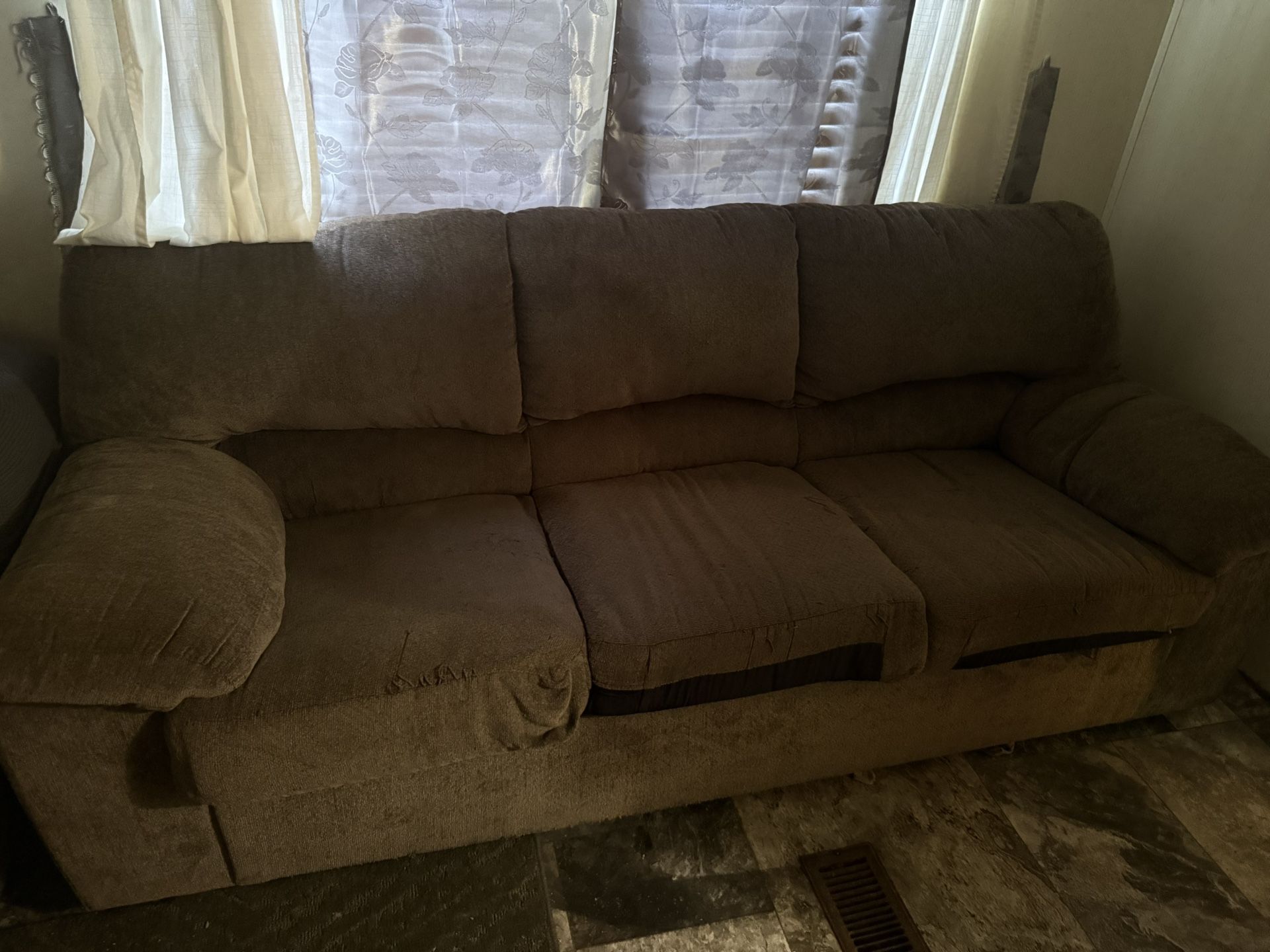 Brown Suede Fabric 3 Seater Couch $30 DELIVERY available With Prepaid Deposit