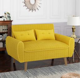 48'' Loveseat Sofa, Mid-Century Modern Upholstered Couch Deep Seat with 2 Pillows, 10" Thick Cushion with Spring, Solid Wood Frame Small Couch for Liv