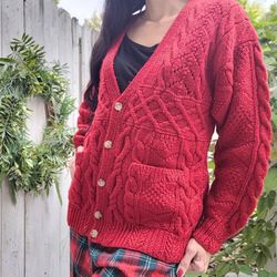 Vintage 90s Ralph Lauren Red Knit Wool Chunky Cardigan Sweater Pockets Size S