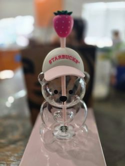 Collectible Starbucks Bear Cup Glass Tumbler Pink Hat Valentine