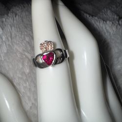 Vintage Claddagh Ring with Ruby Heart Sterling Silver, Size 6
