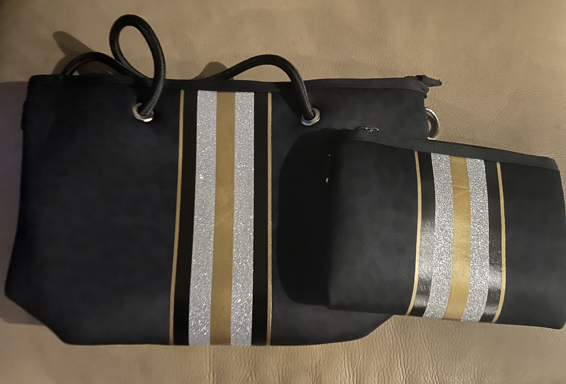 Neoprene Tote Bag - Black With Silver/gold Stripes