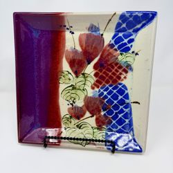 Colorful Glazed Art Pottery Platter Plate Artist Signed Console Square Serving Dish