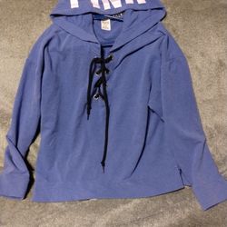 Victoria's Secret PINK Blue Purple Slouchy Lace-Up Pullover Hoodie Sweatshirt Lg