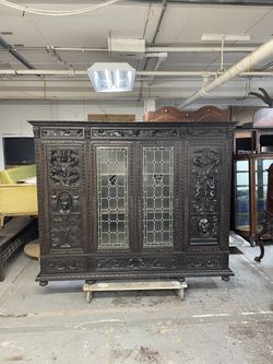 Huge Antique European Storage Cabinet, Leaded Glass Doors, Original