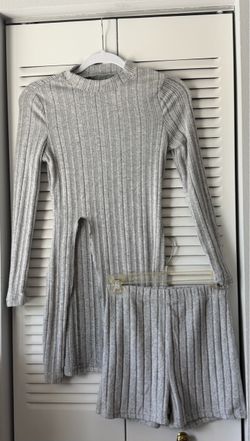 Gray Ribbed Knit Top and Shorts Set