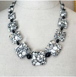 Chunky Black White Mosaic maligano Jasper with Stone Hand Knotted Statement Necklace 925 Clasp