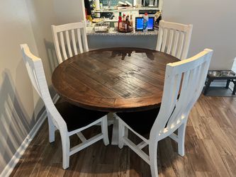 Round Rustic Wood Dining room table and chairs