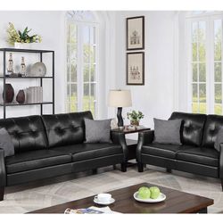Black Faux Leather Sofa And Love Seat Set (Free Delivery)