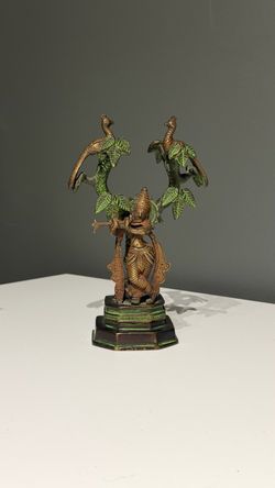 7.5" Krishna Under Tree w Cow Statue Brass
