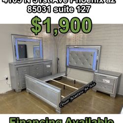 Queen Size LED Bedroom Set Include Bed Frame Dresser Mirror And Nightstand Brand New